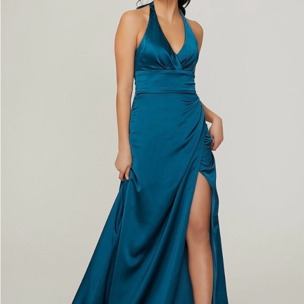 Elegant Mori Lee NWT sz 14 Satin Teal Halter Dress